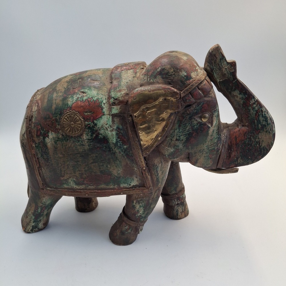Hand Carved Wooden Elephant Brass Inlay Painted Folk Art Statue Figurine Vtg